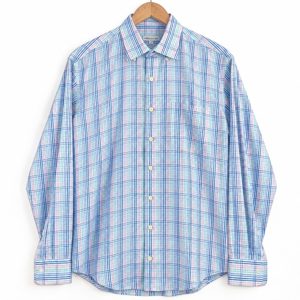 Peter Millar Mens Large Cotton Silk Plaid Button Down Shirt Blue Pink Green